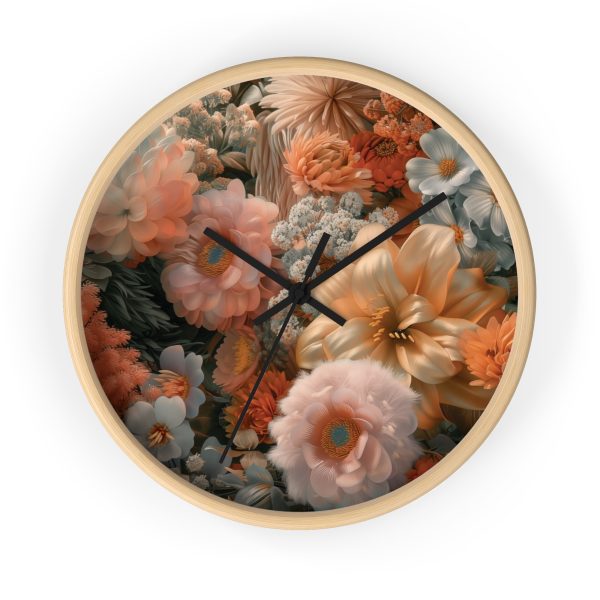 Lustrous Peach Baroque Floral 02 - Wood Frame Wall Clock