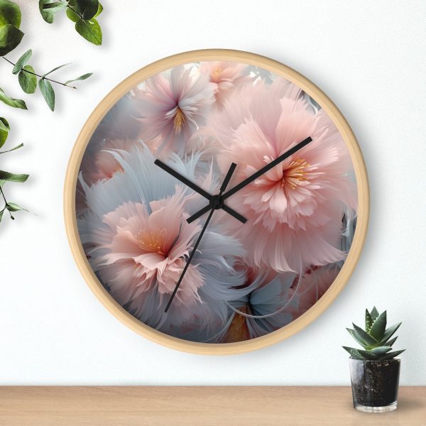 Powder Pink and Baby Blue Feathery Floral - Wood Frame Wall Clock - Image 3