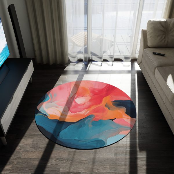 Aqueous Expression in Navy and Peachy Pastels 03 - Round Rug - Image 3