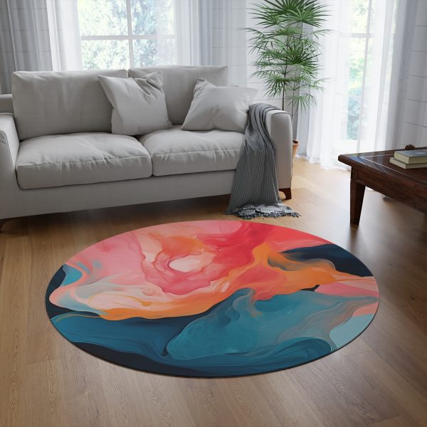 Aqueous Expression in Navy and Peachy Pastels 03 - Round Rug - Image 4