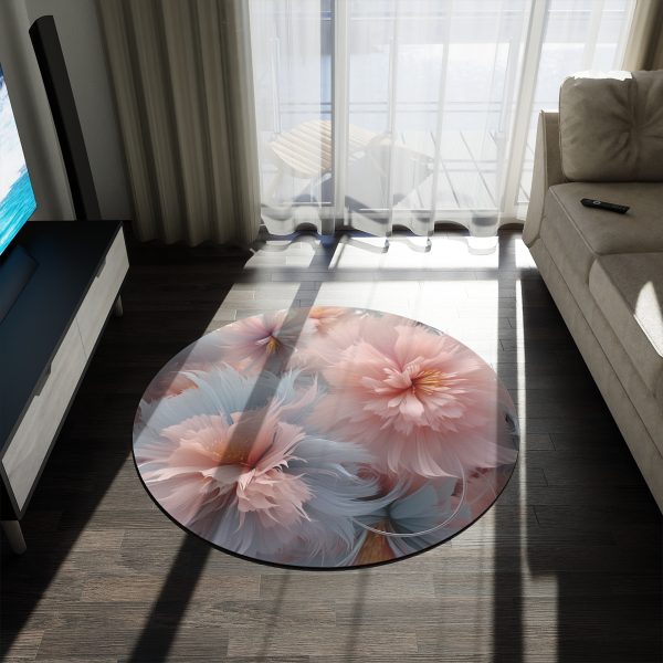 Powder Pink and Baby Blue Feathery Floral - Round Rug - Image 3