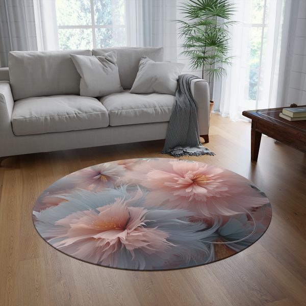 Powder Pink and Baby Blue Feathery Floral - Round Rug - Image 4